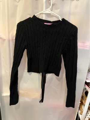 Edikted Black Cable Knit Cropped Sweater with Ribbon Detail Size S thumbnail 1