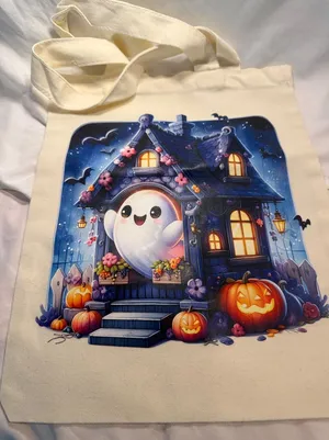 Halloween Ghost Haunted House Canvas Tote Bag Cream Reusable Shopper Pumpkin Bat thumbnail 1