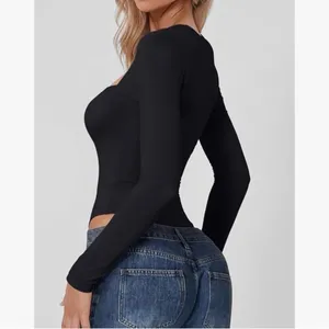 QINSEN Women's Sexy Square Neck Bodysuit Long Sleeve Double Lined Shirt Top thumbnail 2