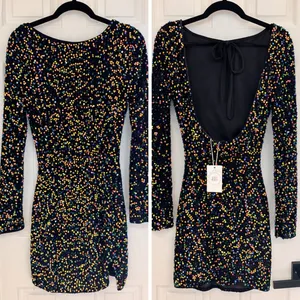 Bella Barnett NWT Sequin Mini Dress M Black Rainbow Long Sleeve‎ Open Back Dress thumbnail 2
