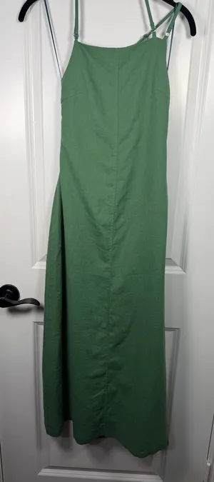Zara Linen Blend Open Back Midi Dress in Green thumbnail 3