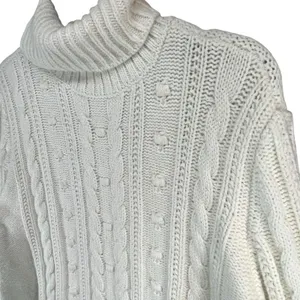 Lands End Sweater‎ Womens L Petite Cream Cable Knit Fisherman Turtleneck Cozy thumbnail 2