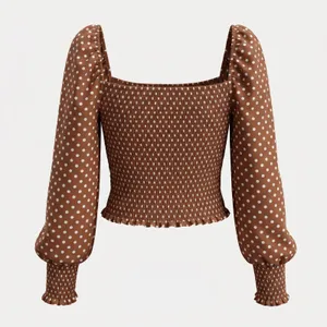 Gianni Bini Women's Brown Polka Dot‎ Smocked Puff Sleeve Angel Blouse XL thumbnail 3