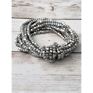 Vintage Bracelet / Bangle Stretchy Silver Tone Beads with Knot Design thumbnail 2