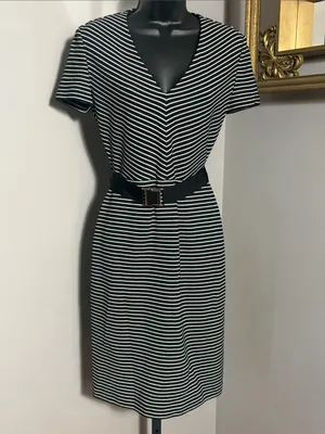 Hugo Boss Size 4 Hedra Black and White Striped V Neck Midi Dress with Belt thumbnail 2
