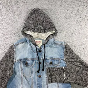 Denim Hoodie Jacket Women M Blue Gray Mixed‎ Media Grunge Street Indie Outerwear thumbnail 1