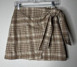Wilfred Aritzia Plaid Wool Cashmere Blend Tie Wrap Mini Skirt Brown Tan Size 4 thumbnail 1