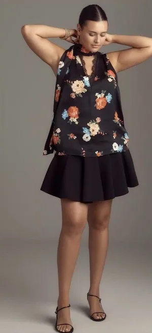 Anthropologie Black Floral Silky Halter Tank Lace Trim Sz XL Boho Romance NEW thumbnail 1