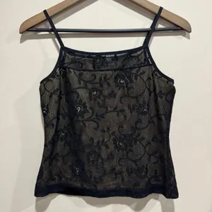 Vintage 90s Express Tricot Black Floral Mesh Lace Cami Top M thumbnail 4