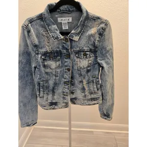 Garage Jalate XL Vintage Blue Acid Wash Distressed Denim Jacket Women Shrunken Crop thumbnail 2