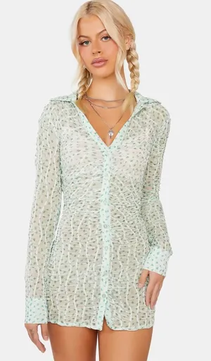 For Love & Lemons Green Polka Dot Drea Long Sleeve Mini Dress Size Small thumbnail 1