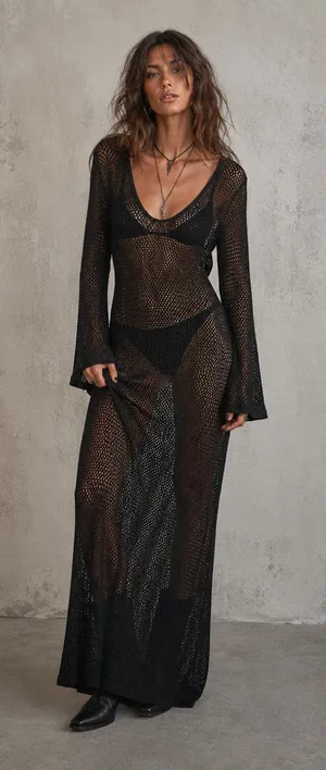Black Open Knit Crochet Maxi Dress Size XS/S Bell Sleeve Sheer Goth Boho Witchy thumbnail 1