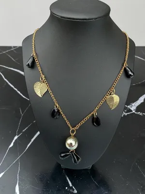 Whimsygoth Gold Leaf & Black Teardrop Charm Necklace Silver Orb Pendant thumbnail 1