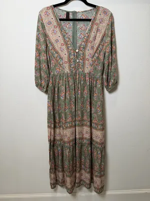 Boho Prairie Midi Dress Floral Rayon Cottagecore Peasant Small thumbnail 3