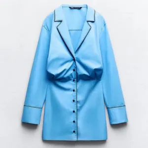 ZARA Short Trench Coat Deep V-Neck Cotton Button-Up Shirt Dress‎ Blue Size Large thumbnail 7