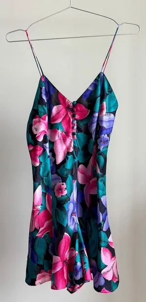 80s Vintage Cacique Lingerie Bold Floral Slip Dress Romper Sleepwear Glam Small thumbnail 1
