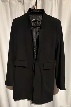 Zara Black Blazer Size L Open Front Long Jacket thumbnail 1