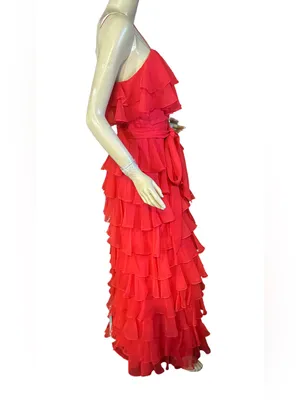 Vintage 1970'S Red Chiffon Tiered Ruffle Miss Elliette California Maxi Dress (S) thumbnail 4