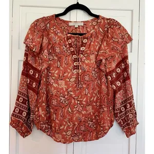 Loft burnt orange floral ruffled shoulder long sleeve blouse thumbnail 3