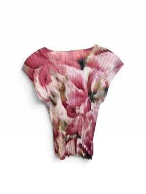 Milano Pleated Floral V-Neck Cap Sleeve Blouse Large Watercolor Pink Stretch thumbnail 2