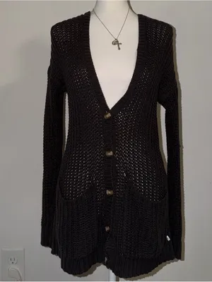 2000s vintage brownish black 2014 american eagle cable knit button down cardigan thumbnail 2