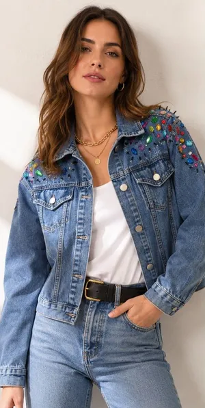 Blue B Collection Denim Jacket with Colorful Rhinestones and Spikes, Size M thumbnail 1