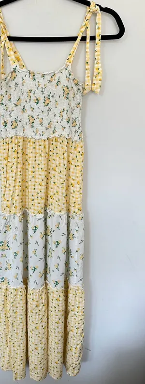 Bebop Women's Yellow Floral Gingham Tiered Smocked Maxi Dress Size XS thumbnail 1