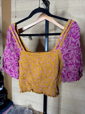 NWT Free People Marigold Tee Golden Combo Smocked Crop Top Boho Size Medium thumbnail 8