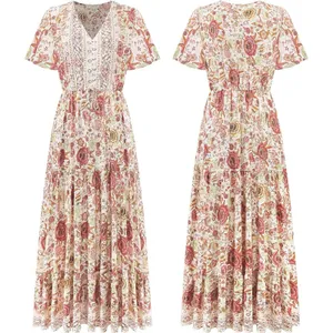 Vivimos Floral Maxi Dress L Prairie Flowy Relaxed Romantic Henley Elastic Waist thumbnail 2