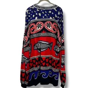 Farm Rio Art to Wear Fair Isle Knit Cardigan Sweater Hearts Fish Waves Large thumbnail 5