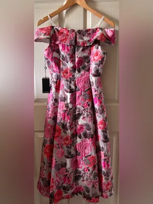 Adrianna Papell Floral Jacquard Shoulder Midi Dress Sz 6 Autumn Wedding Guest thumbnail 7