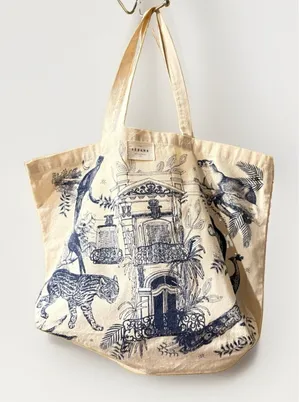 Sézane Paris Canvas Tote Bag Maria Pour Blue Illustrated Paradiso Jungle Print thumbnail 1
