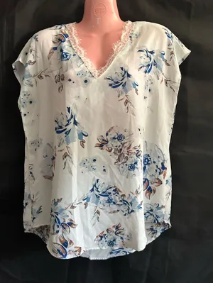 SHEIN Floral Lace-Trim V-Neck Blouse in White & Blue LG thumbnail 1