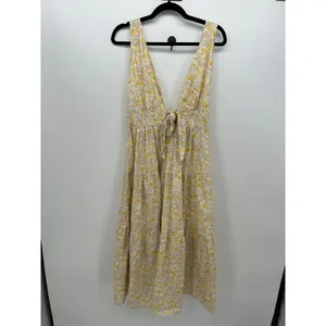 Aakaa Floral Midi Dress M Yellow Deep V Tie Front Tiered Boho Sundress thumbnail 2