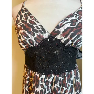 Angie Leopard Cotton mini Dress Crochet Lace Ruffle Hem‎ S NWT y2k boho animal thumbnail 3