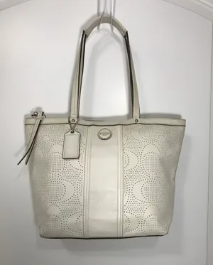 Coach Signature Stripe Perforated Leather Shoulder Bag Tote EUC thumbnail 1