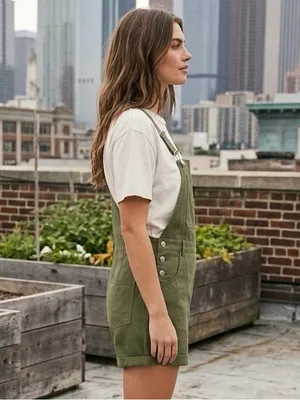 Olive Green Earth Tone Utility Shortalls // Gorpcore Utility Bib Overalls L thumbnail 2