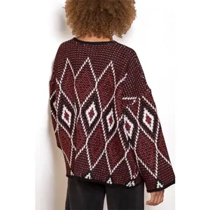 NEW POL Burgundy Black Diamond Pattern Chunky Knit Cardigan S thumbnail 8