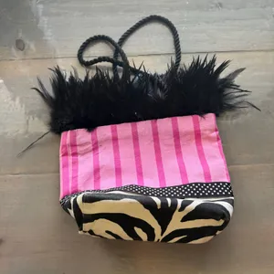 Vintage Blue Devil Pink Striped Martini Zebra Trim Faux Fur Tote Purse thumbnail 7