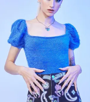 Dolls Kill Blue fuzzy sweater puff short sleeve top never worn thumbnail 1
