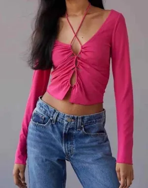 Urban Outfitters‎ Elena Drawstring Cutout Top Hot Pink Long Sleeve Size L thumbnail 1