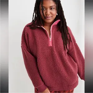 NWT Aerie Sherpa Half Zip Pullover size XS Red/Pink thumbnail 3