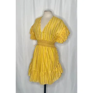 SAYLOR Yellow Metallic Striped Dress Fluttery Smocked Mini Gold Party Medium thumbnail 5