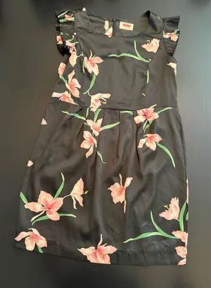 Orion London Floral‎ Mini Dress Black Pink Lily Pleated Ruffle Sleeve Size M/L thumbnail 1