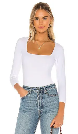 Truth or Square Solid White Fitted Long Sleeve Square Neck Bodysuit thumbnail 1