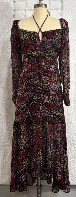 ASTR The Label Midi Dress Athena Floral Ruched Ruffled V Wire Women’s M Slim Fit thumbnail 1
