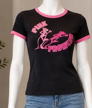 Pink Panther Womens Ringer T-Shirt Black Pink Prowler Graphic OSFM thumbnail 1