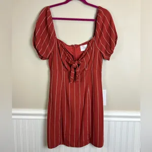 J.O.A. Rust Red Striped Linen Blend Tie Front Puff Sleeve Mini Dress Size M thumbnail 2