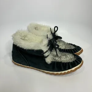 Sorel out 'N about slippers‎ black suede leather cream silver women's size 6.5 thumbnail 2