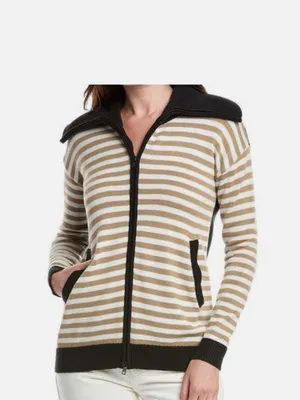 Cabi Mascot Cardigan 6448 Tan White Striped Black Full Zip Sweater thumbnail 8